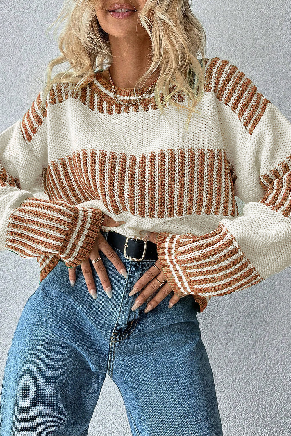 Light Blue Two Tone Striped Patchwork Drop Shoulder Sweater - Cowaa