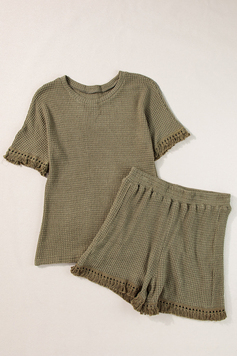 Beige Fringe Trim Waffle Knit Textured Shorts Set - Cowaa