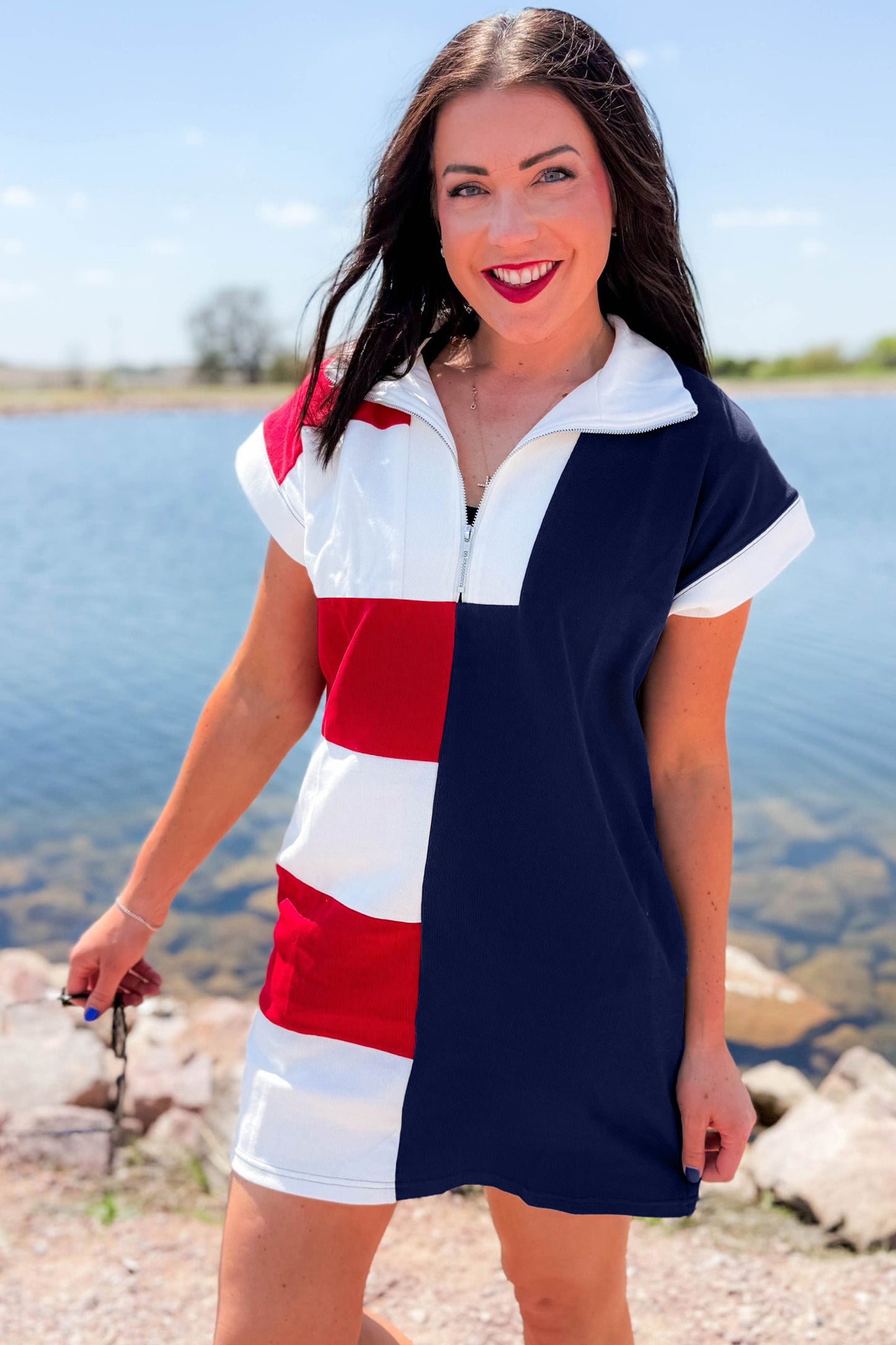 Navy Blue Americana Colorblock Stripes Zip up Collared T Shirt Mini Dress - Cowaa