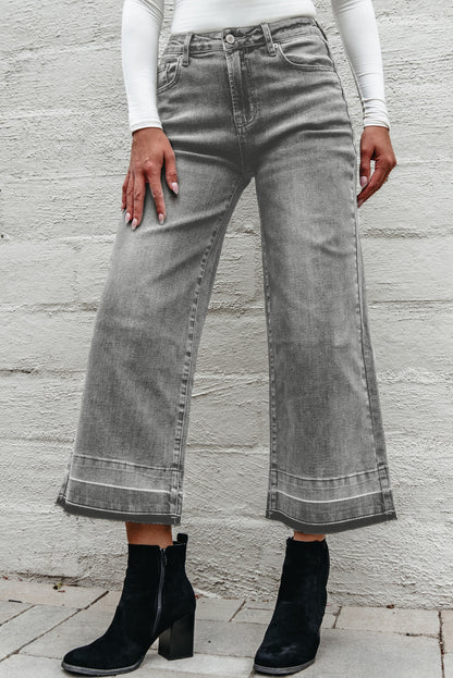Gray Raw Hem Straight Leg Loose High Waist Jeans.