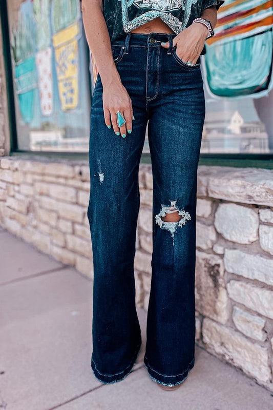 Real Teal High Rise Ripped Bell Bottom Jeans - Cowaa