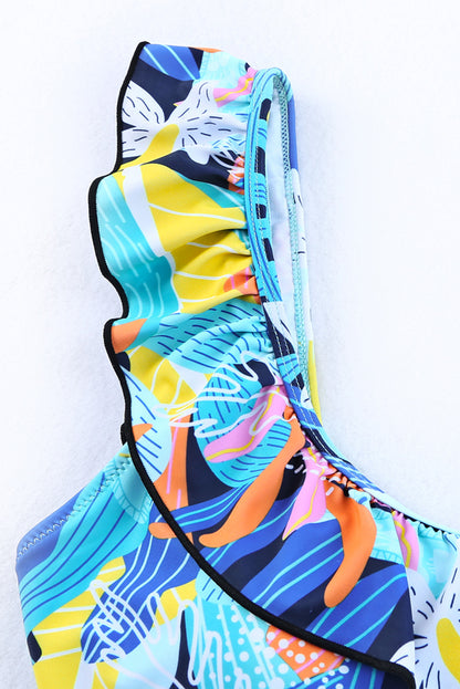 Green Tropical Print Ruffled Square Neck Tie High Waist Swimsuit - Cowaa