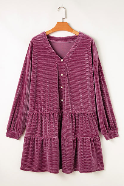 Meadow Mauve Plus Size Textured Velvet Tiered Buttons Tiered Dress - Cowaa