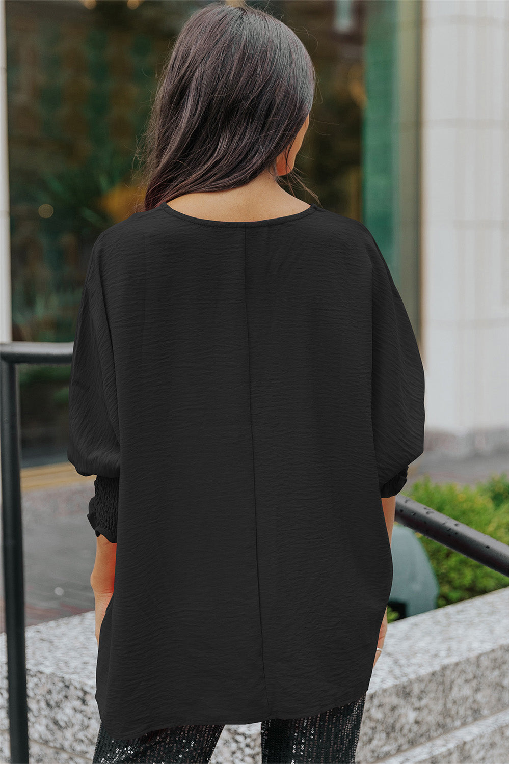 Apricot Solid Casual Smocked Cuffs Batwing Sleeve Blouse - Cowaa