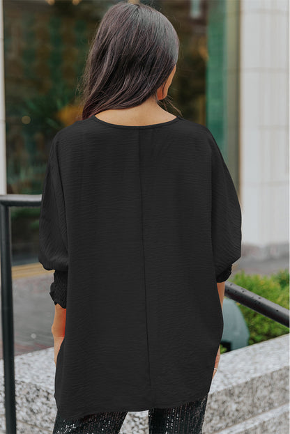 Apricot Solid Casual Smocked Cuffs Batwing Sleeve Blouse - Cowaa