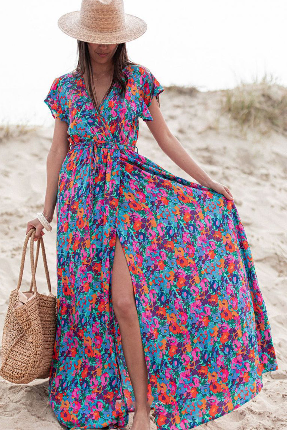 Blue Boho Floral Print V Neck Wrap Split Maxi Dress - Cowaa