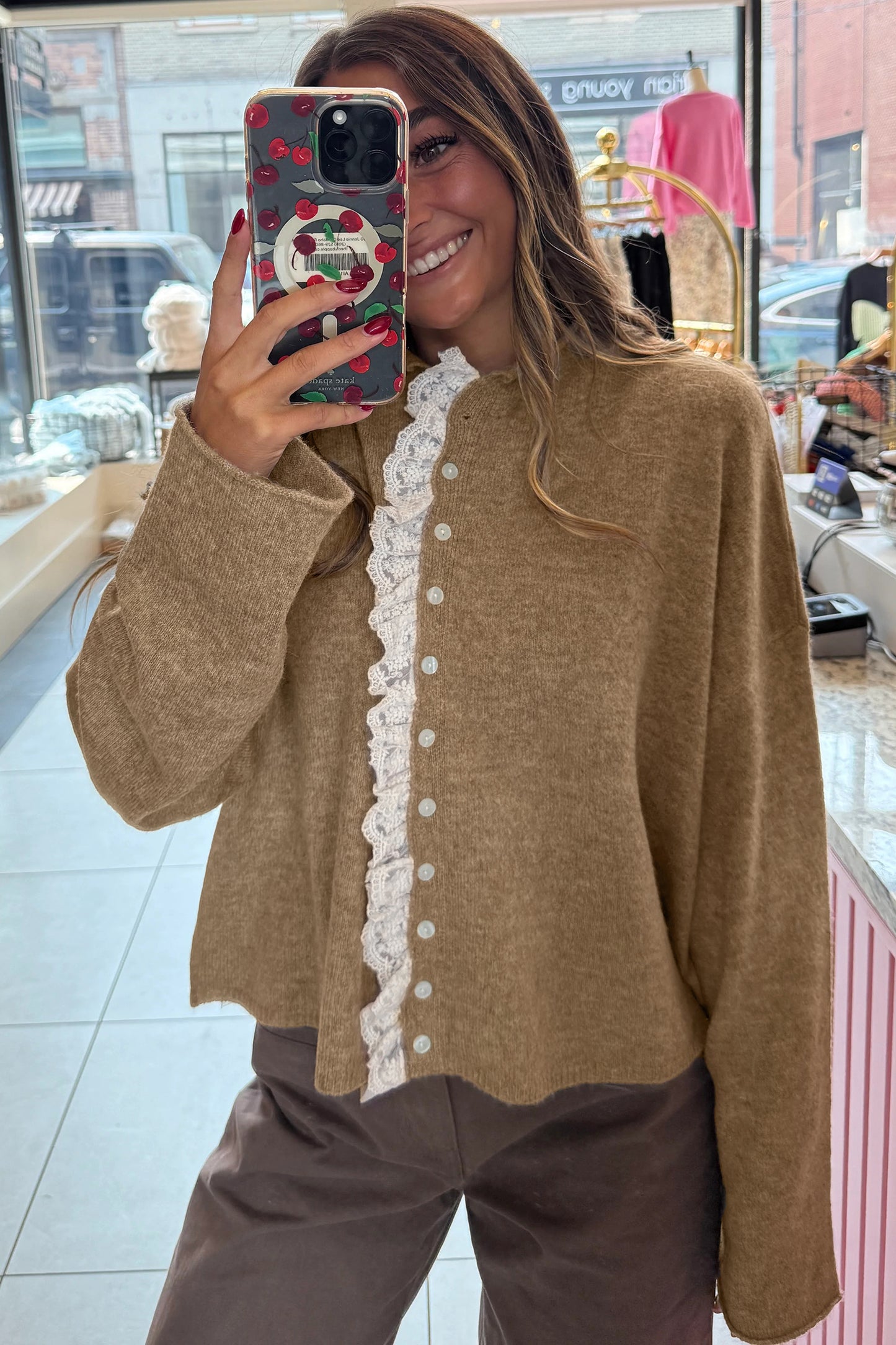 Simply Taupe Contrast Frilled Lace Trim Loose Cardigan Sweater - Cowaa