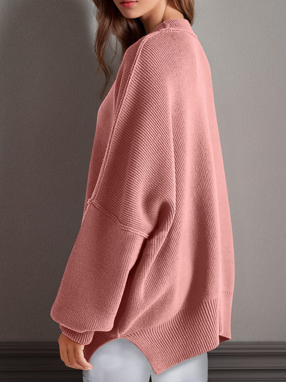 Double Take Side Slit Round Neck Long Sleeve Sweater - Cowaa