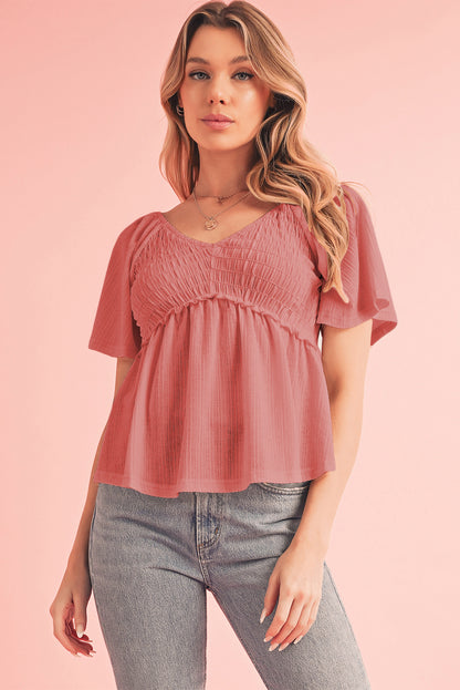 Oatmeal Shirred V Neck Short Flutter Sleeve Textured Blouse - Cowaa