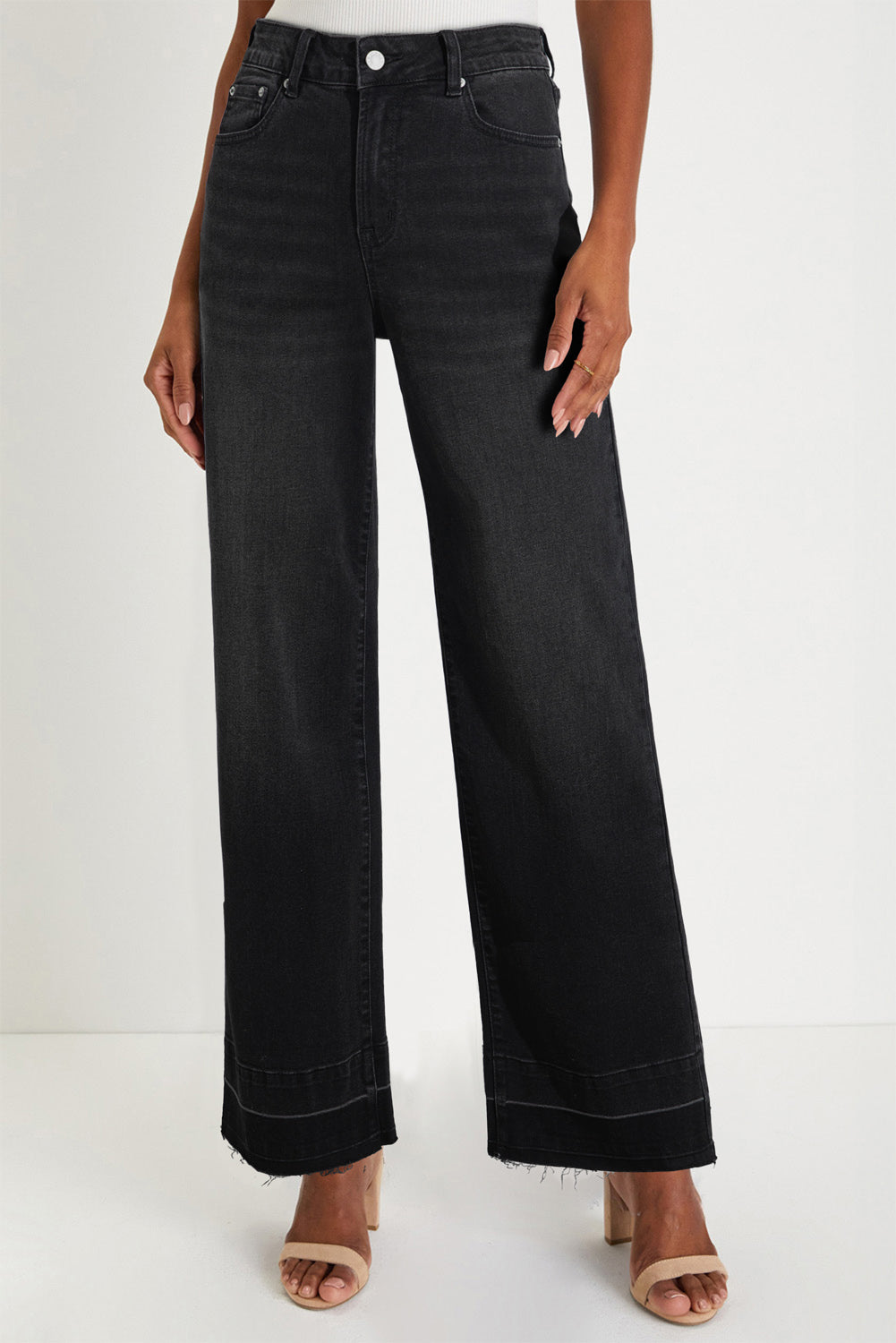 Black Raw Hem Unique Cuffs Straight High Rise Loose Jeans - Cowaa