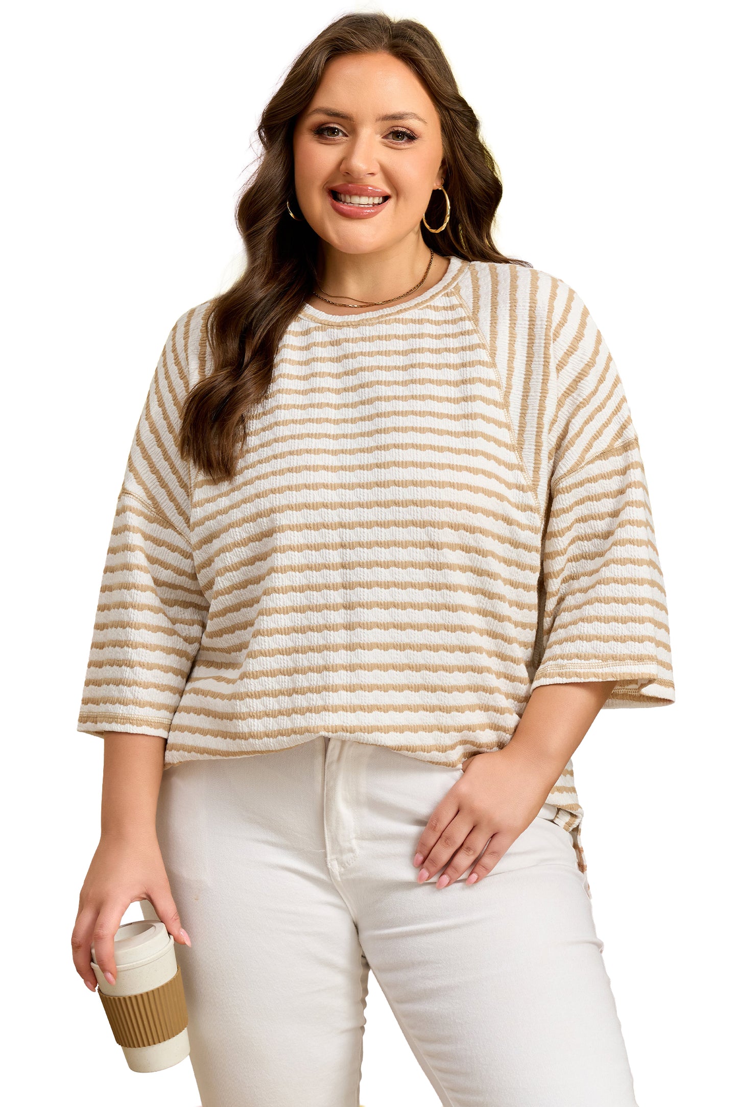 Apricot Stripe Plus Size Textured Patchwork Detail Half Sleeve Top