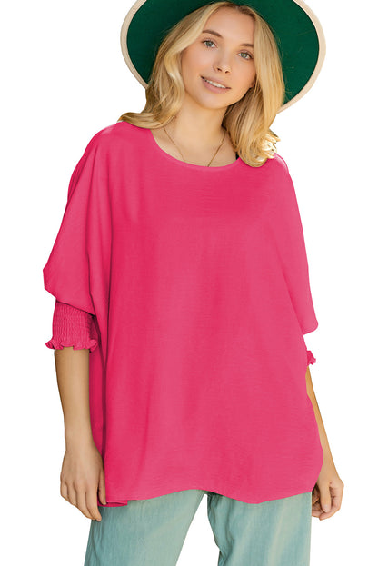 Apricot Solid Casual Smocked Cuffs Batwing Sleeve Blouse - Cowaa