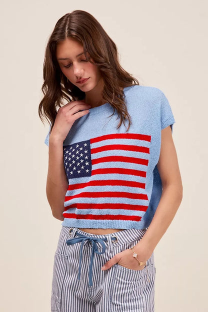SO ME Fourth Of July American Flag Boxy Fit Sweater Top.