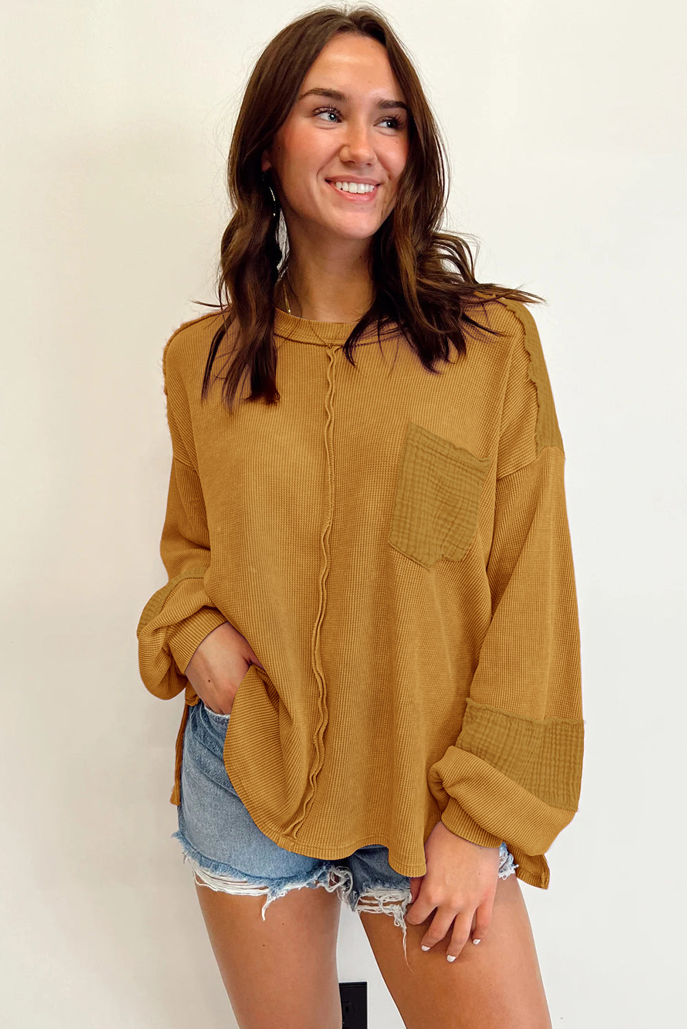 Crinkle Patchwork Long Sleeve Top - Cowaa