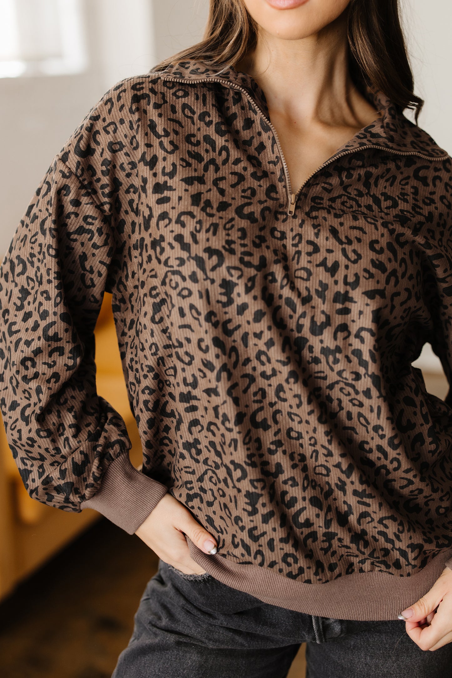 Brown Leopard Print Quarter Zip Corduroy Sweatshirt - Cowaa