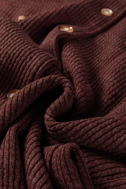 Red Sandalwood Ribbed Knit Buttons Front Flap Pocket Casual Shacket