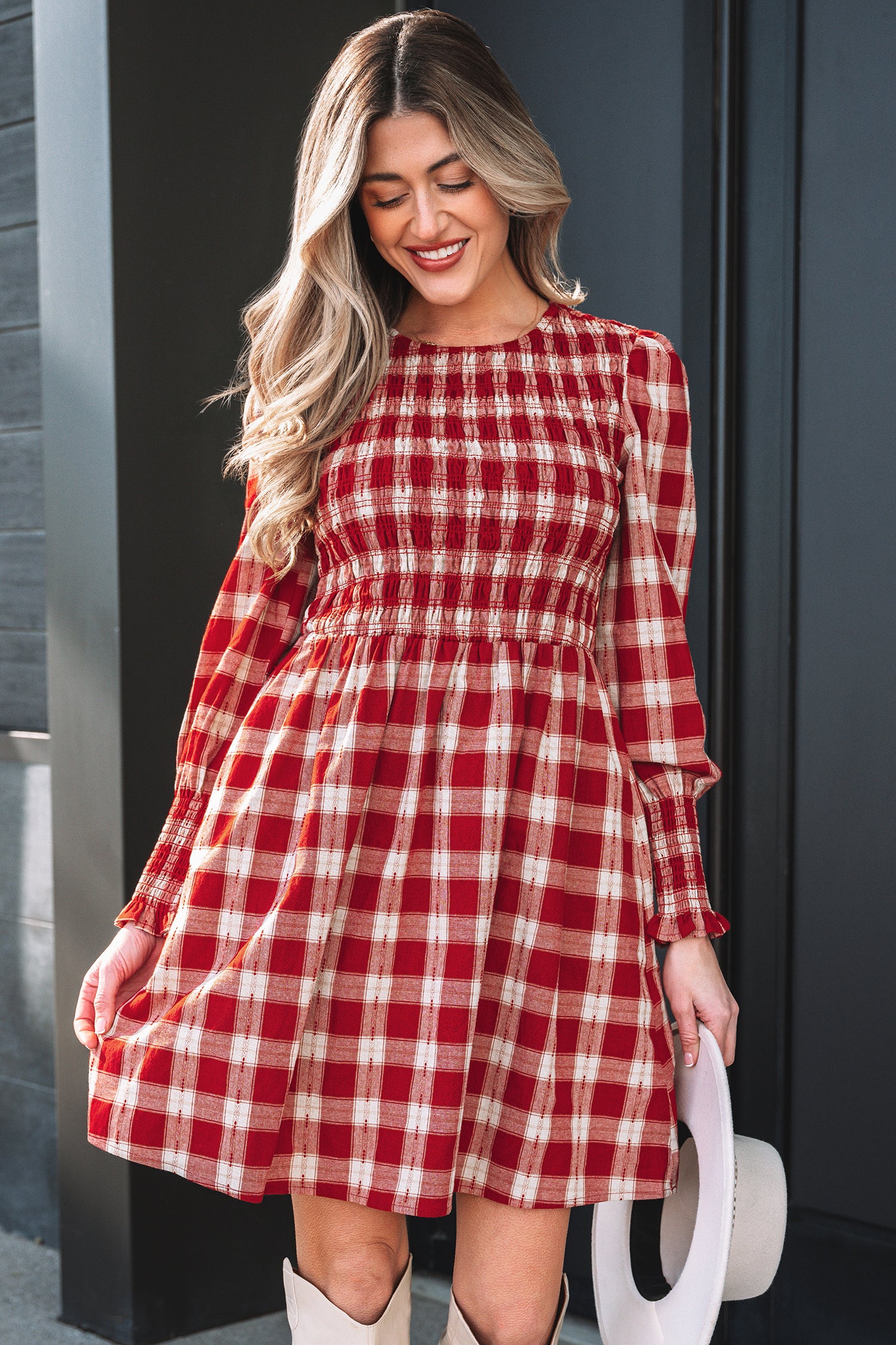 Red Plaid Print Smocked Puff Sleeve Mini Dress - Cowaa