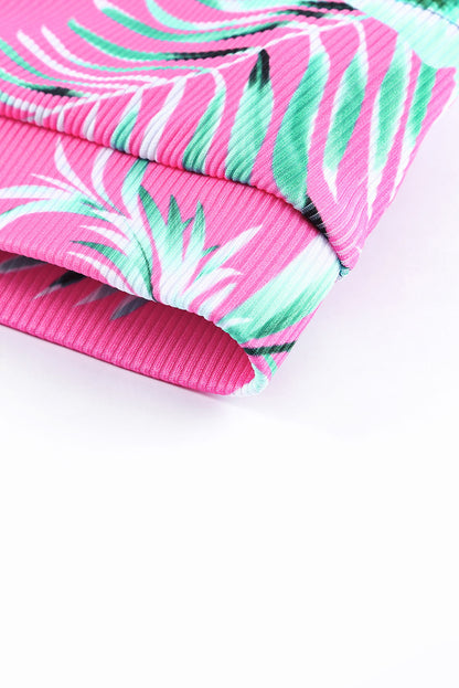 Rose Tropical Plant Print Ribbed Bikini Top - Cowaa