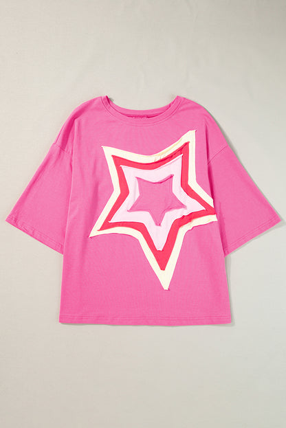 White Colorblock Star Patched Half Sleeve Oversized Tee - Cowaa