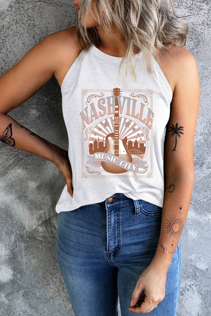 White NASHVILLE MUSIC CITY Guitar Graphic Tank Top - Cowaa