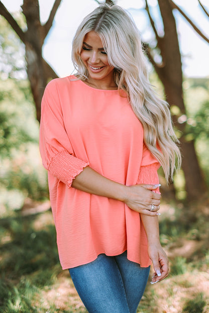 Apricot Solid Casual Smocked Cuffs Batwing Sleeve Blouse - Cowaa
