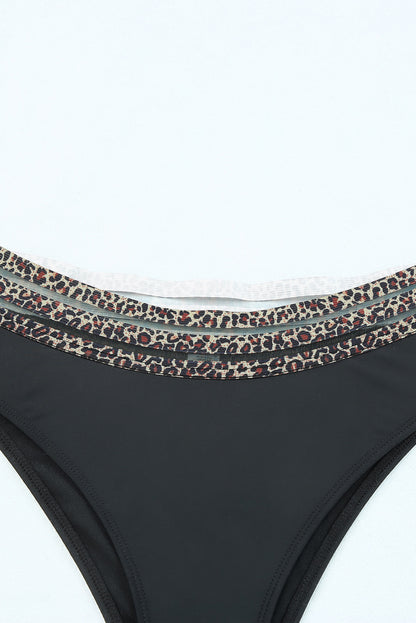 Black Leopard Print Spaghetti Strap Padded Wireless Two Piece Swimsuit - Cowaa