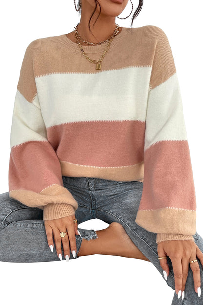 Dusty Pink Color Block Drop Shoulder Sweater - Cowaa