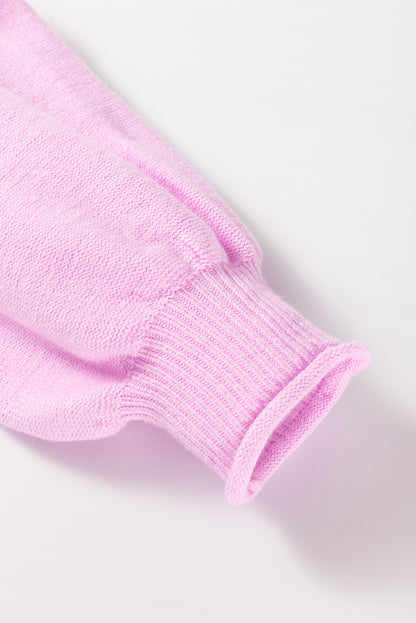 Pink Roll Hem Ribbed Detail Drop Shoulder Sweater