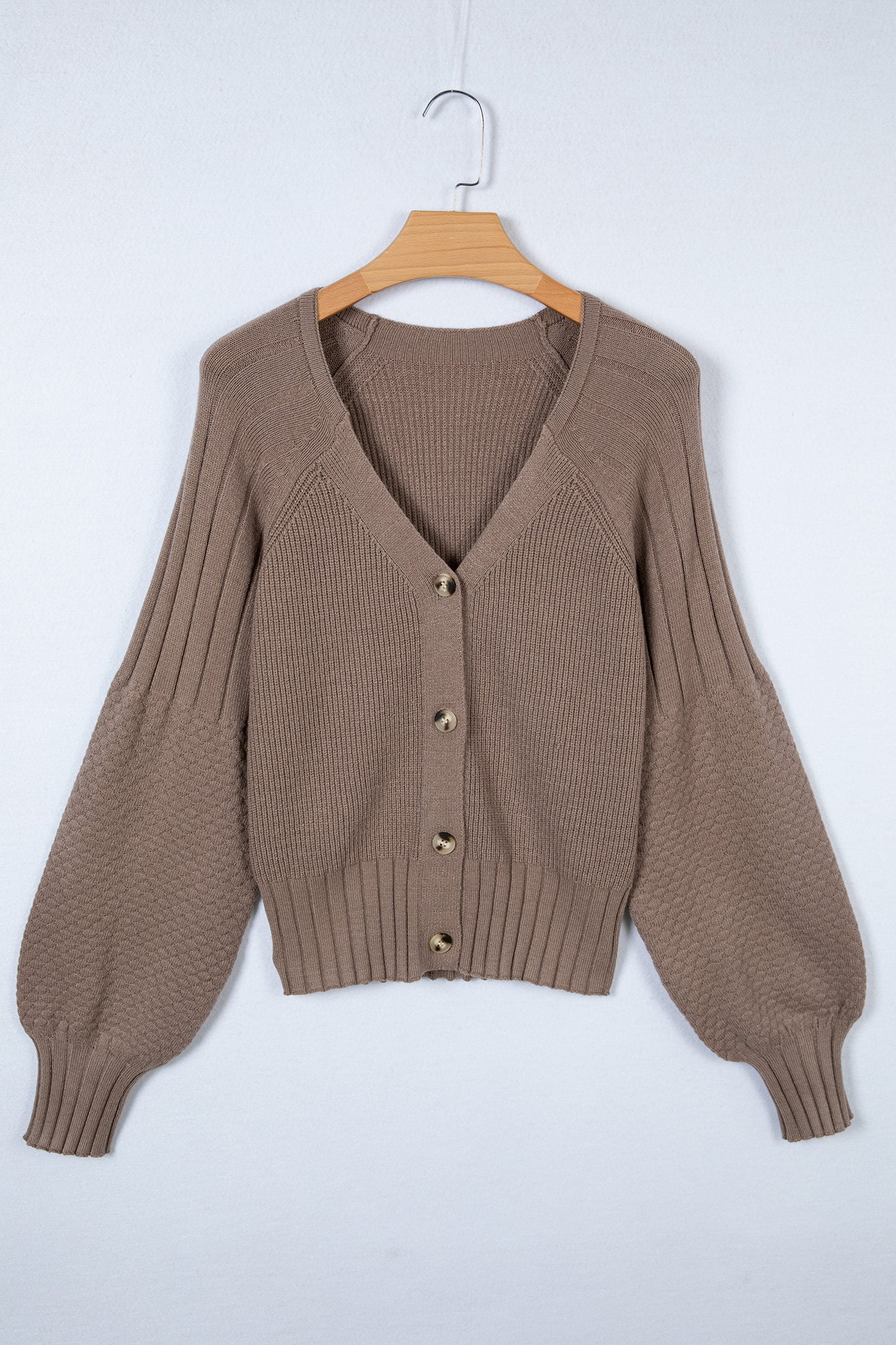 Light Pink Mixed Texture Knit Button V Neck Sweater Cardigan - Cowaa