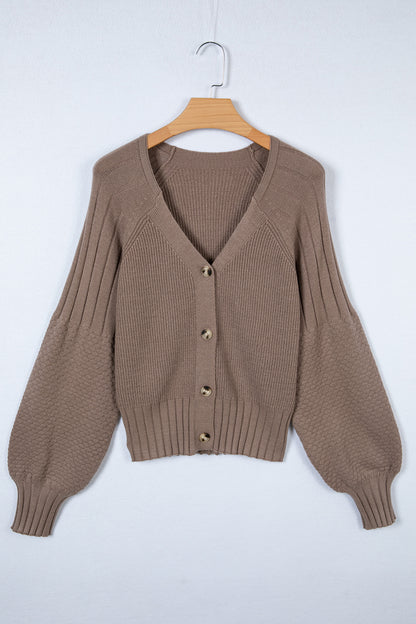 Light Pink Mixed Texture Knit Button V Neck Sweater Cardigan - Cowaa