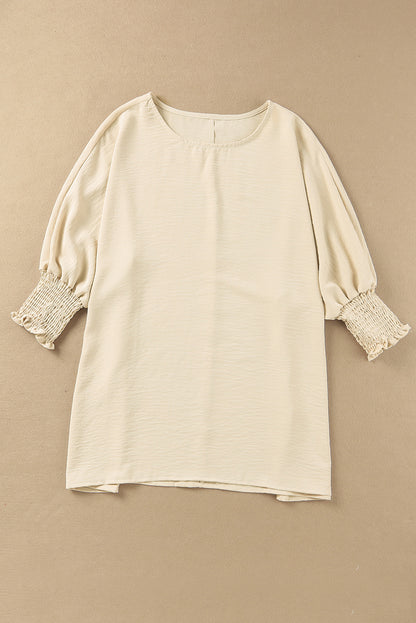 Apricot Solid Casual Smocked Cuffs Batwing Sleeve Blouse - Cowaa