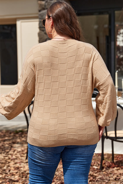 Light French Beige Solid Checkered Textured Knit Plus Size Sweater - Cowaa
