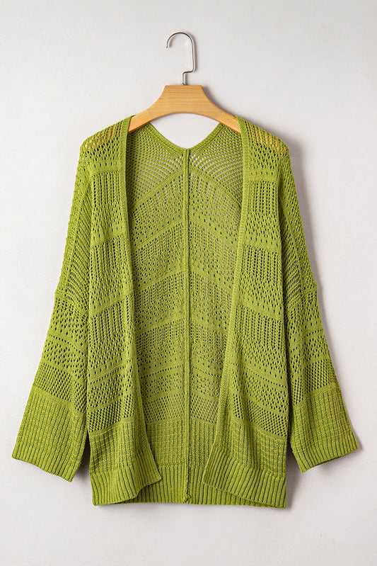Spinach Green Oversize Crochet Knit Open Cardigan - Cowaa