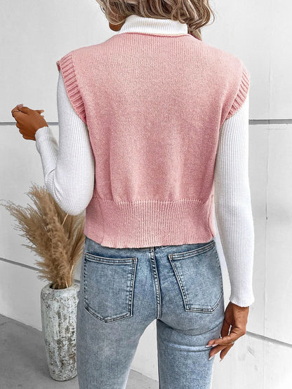 Full Size Button Up V-Neck Sweater Vest - Cowaa