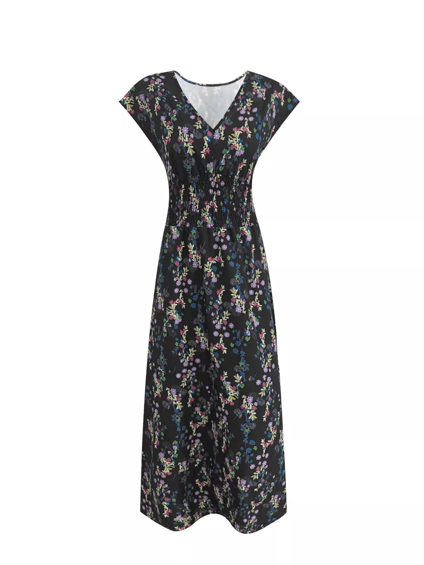 Plus Size Floral V-Neck Cap Sleeve Maxi Dress.