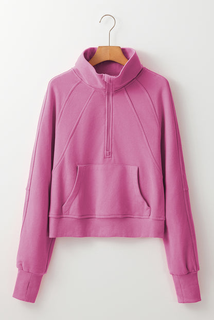 Brown Zip Up Stand Collar Thumbhole Sleeve Sweatshirt - Cowaa