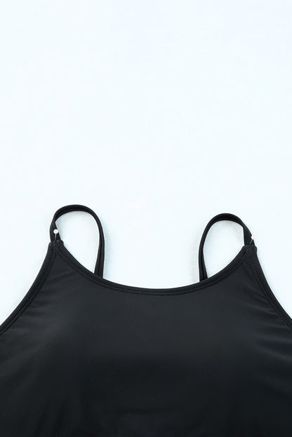 Black Leopard Print Spaghetti Strap Padded Wireless Two Piece Swimsuit - Cowaa