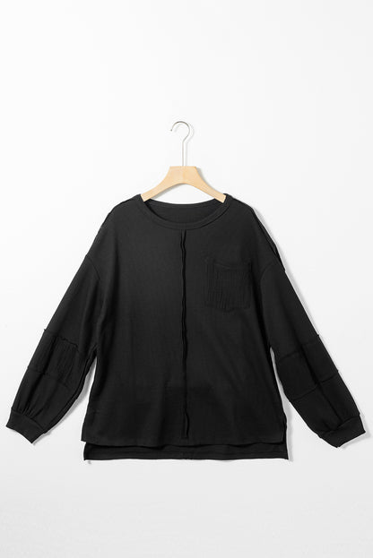 Crinkle Patchwork Long Sleeve Top - Cowaa