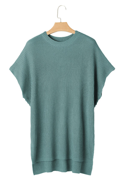 Rose Red Side Slit Short Sleeve Oversized Sweater - Cowaa