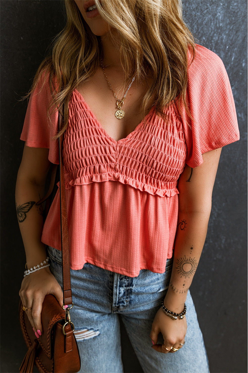 Oatmeal Shirred V Neck Short Flutter Sleeve Textured Blouse - Cowaa