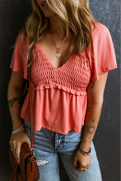 Oatmeal Shirred V Neck Short Flutter Sleeve Textured Blouse - Cowaa