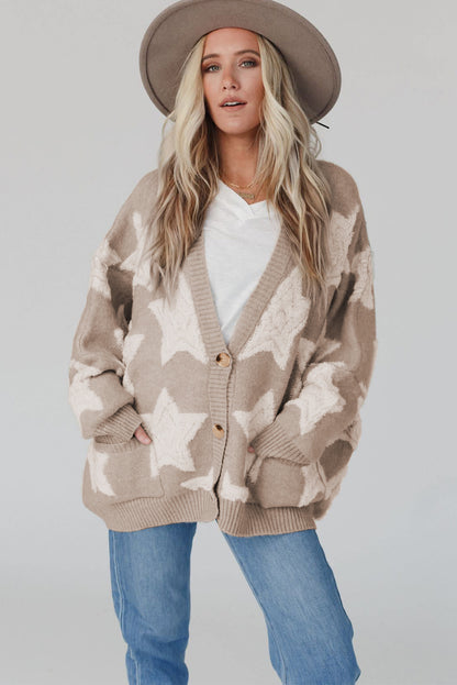 Khaki Star Pattern Pockets Button Front Cardigan - Cowaa