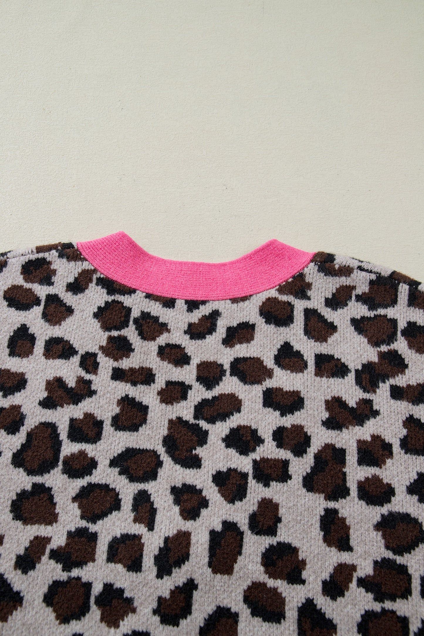 Khaki Oversize Color Block Trim Button Down Leopard Print Cardigan - Cowaa