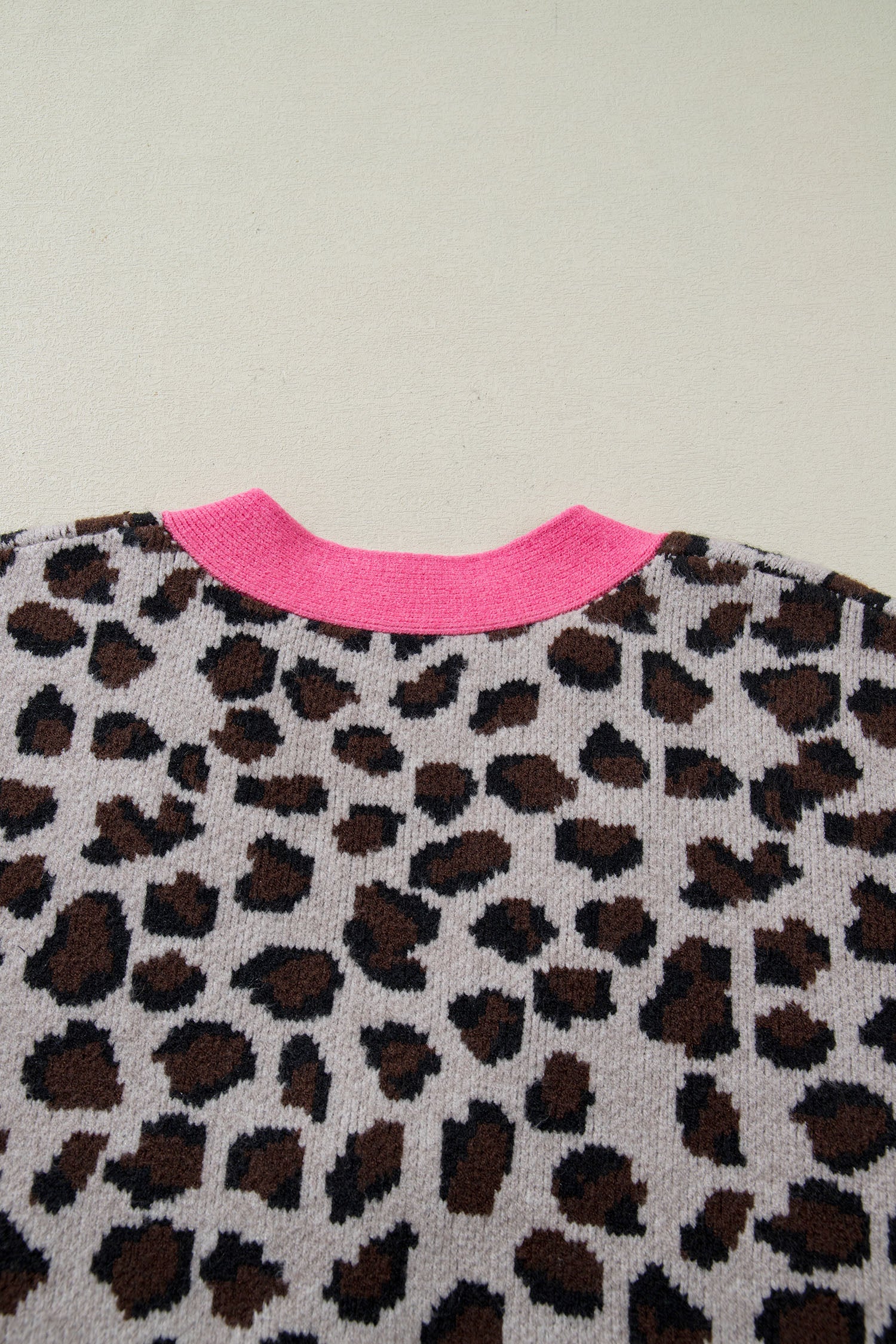 Khaki Oversize Color Block Trim Button Down Leopard Print Cardigan - Cowaa