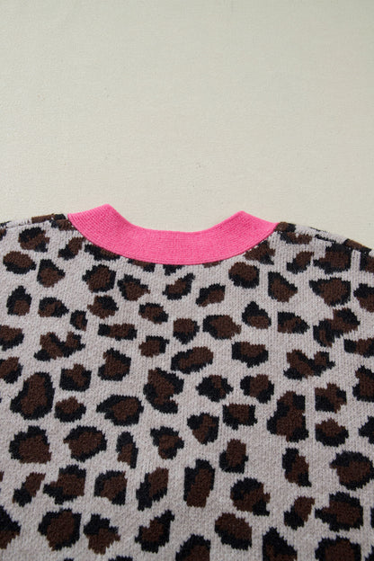 Khaki Oversize Color Block Trim Button Down Leopard Print Cardigan - Cowaa