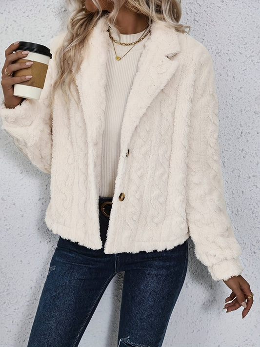 Cream Fuzzy Button Up Collared Neck Jacket