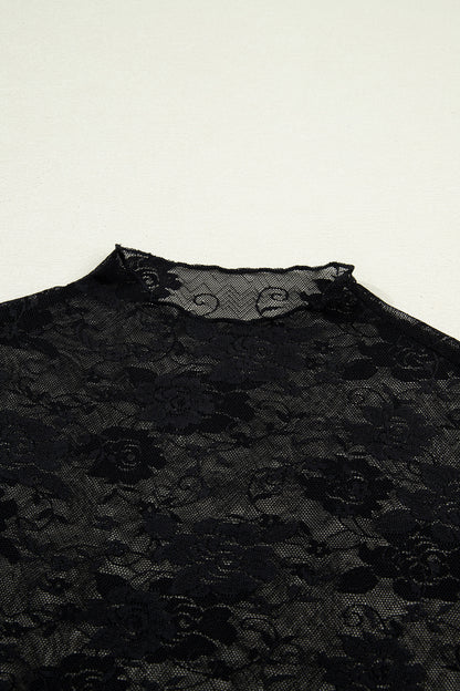 Black Floral Lace Mesh Short Sleeve Sheer Top