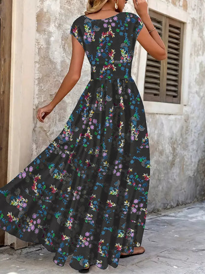 Plus Size Floral V-Neck Cap Sleeve Maxi Dress.