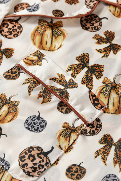 Beige Leopard Pumpkin Allover Halloween 2pcs Pajama Set - Cowaa