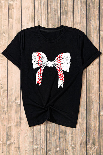Gray Casual Baseball Bowknot Graphic Roll Up Sleeve Tee - Cowaa